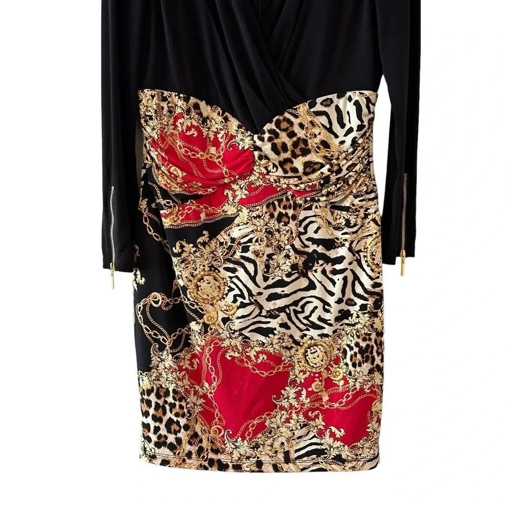 Thalia Sodi Black Red Chain Link Animal Print Sheath Ruched Bodycon LS Zipper M - Picture 3 of 16
